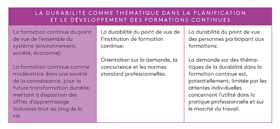 Tableau: Visions de la durabilité comme thématique dans la planification et le développement des formations continues.